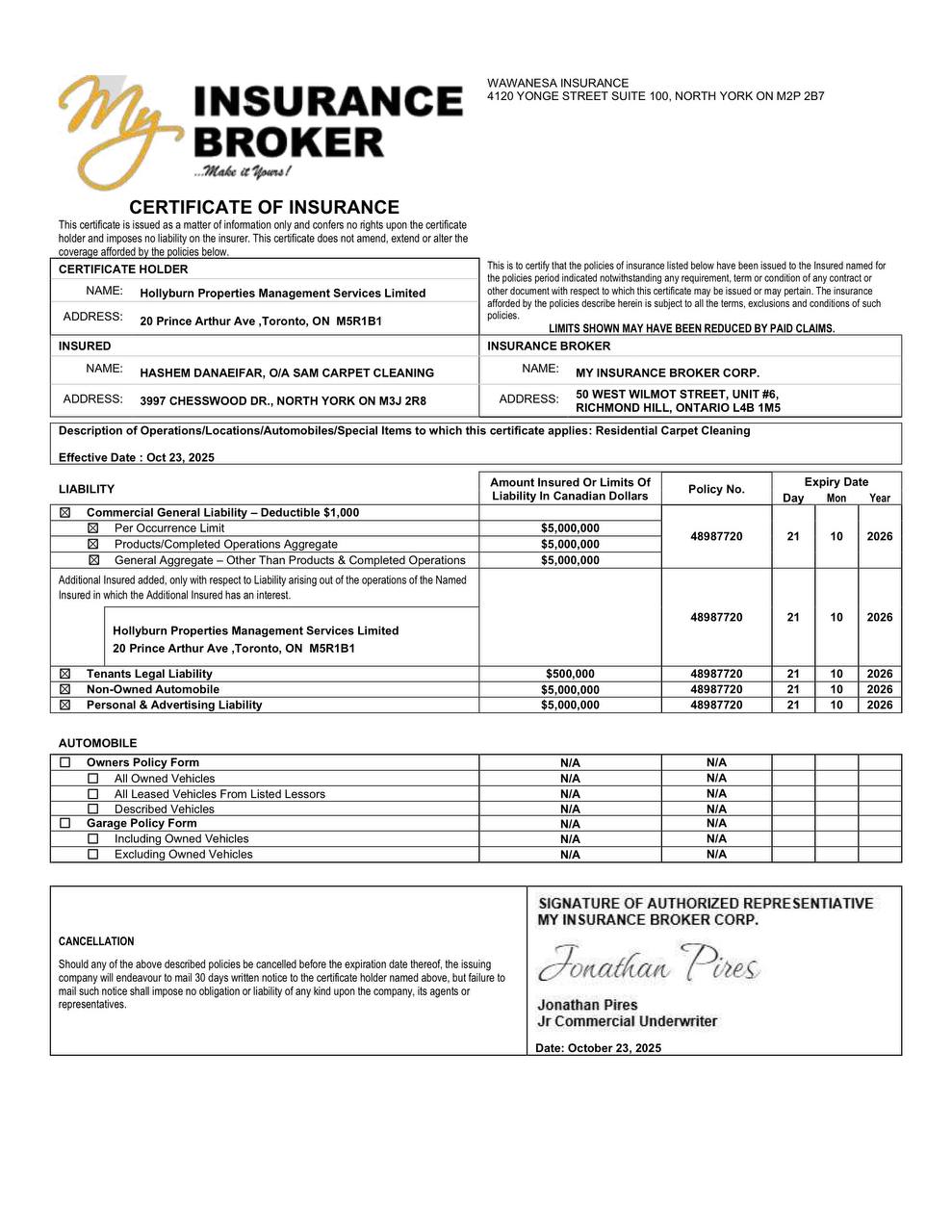 Sam Carpet Cleaning liability insurance certificate